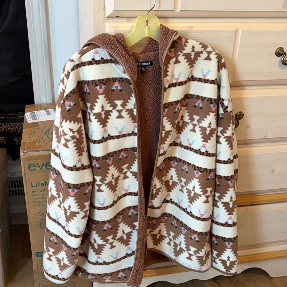 Steve Madden Brown and Cream Patterned Hooded Jacket